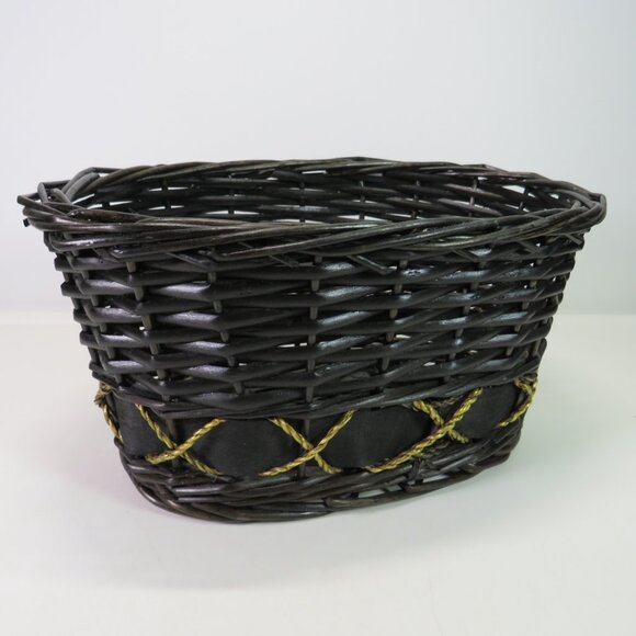 Black Wicker Oval Basket no handle no gloss gold rope x accent 10.5x6.5" wide - Picture 1 of 10